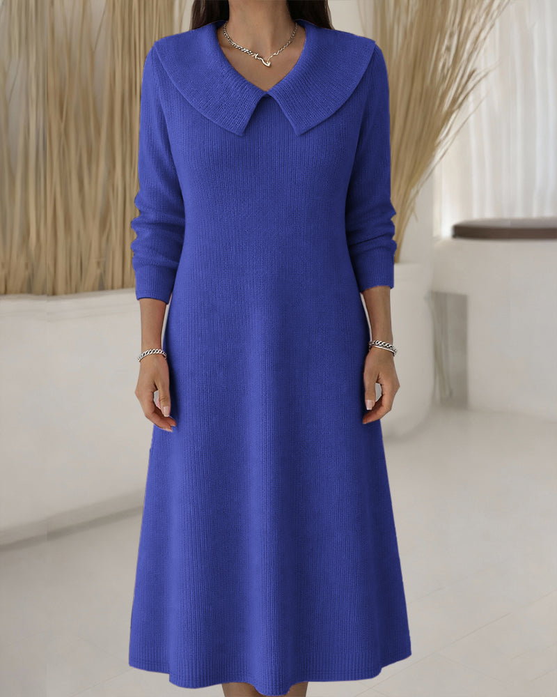 Women’s Ribbed Knit Midi Dress with Oversized Collar and Long Sleeves – Elegant A-Line Style for Autumn and Winter