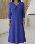 Women’s Ribbed Knit Midi Dress with Oversized Collar and Long Sleeves – Elegant A-Line Style for Autumn and Winter