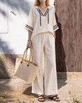 Women's Cotton Blend Hooded Two-Piece Trouser Set – Relaxed Short Sleeve Top and Wide Leg Trousers for Summer