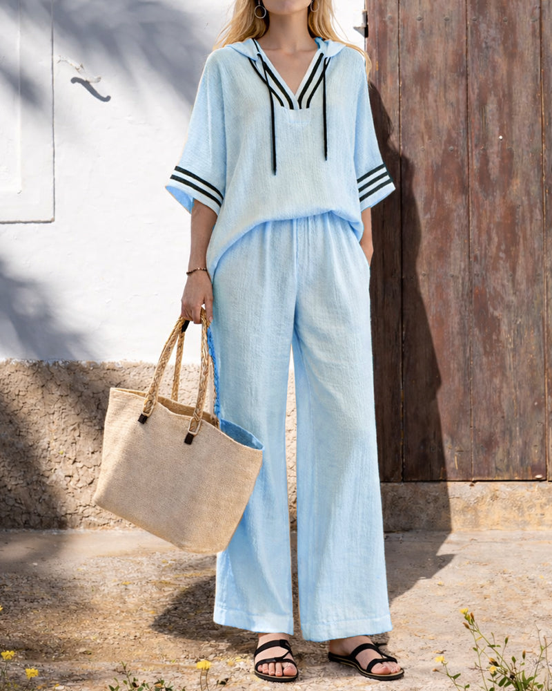 Women's Cotton Blend Hooded Two-Piece Trouser Set – Relaxed Short Sleeve Top and Wide Leg Trousers for Summer
