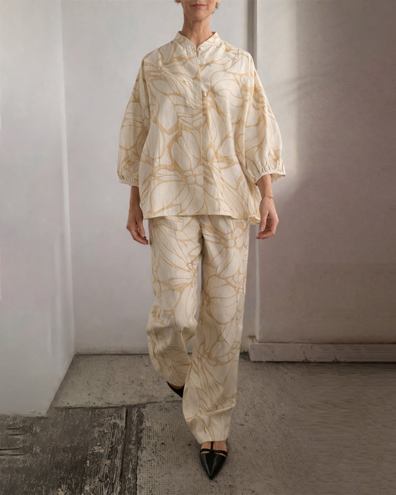 Women's Printed Linen Blend Two-Piece Summer Set – Relaxed Three Quarter Sleeve Blouse and Wide Leg Trousers for Casual Holiday Wear