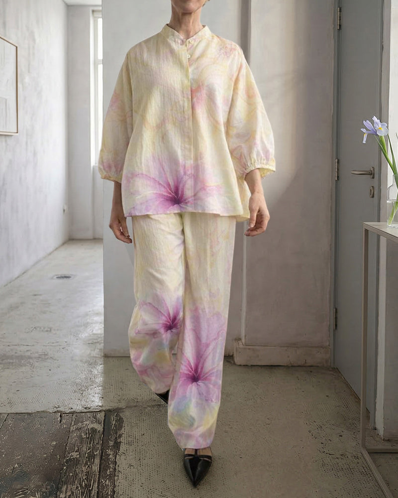 Women's Printed Linen Blend Two-Piece Summer Set – Relaxed Three Quarter Sleeve Blouse and Wide Leg Trousers for Casual Holiday Wear