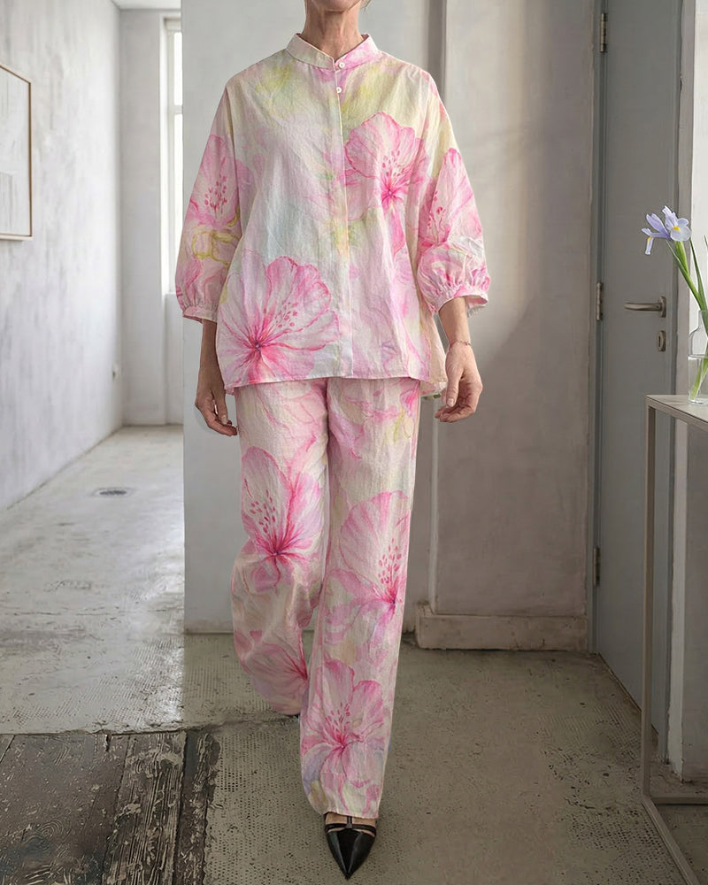 Women's Printed Linen Blend Two-Piece Summer Set – Relaxed Three Quarter Sleeve Blouse and Wide Leg Trousers for Casual Holiday Wear