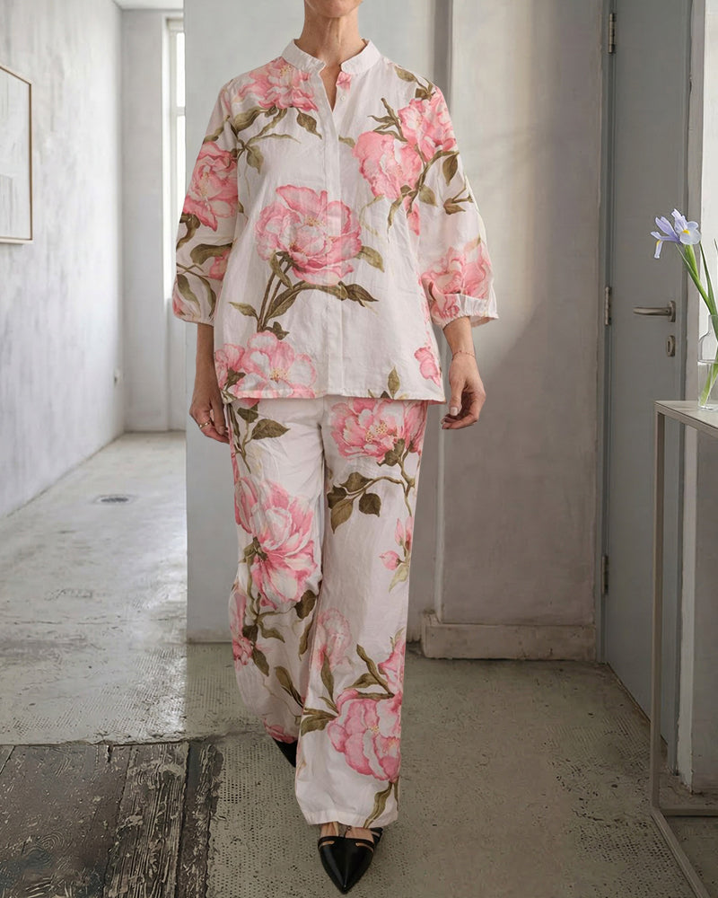 Women's Printed Linen Blend Two-Piece Summer Set – Relaxed Three Quarter Sleeve Blouse and Wide Leg Trousers for Casual Holiday Wear