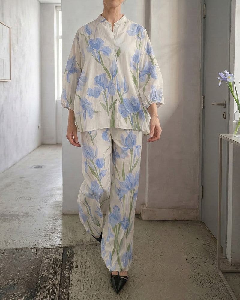 Women's Printed Linen Blend Two-Piece Summer Set – Relaxed Three Quarter Sleeve Blouse and Wide Leg Trousers for Casual Holiday Wear