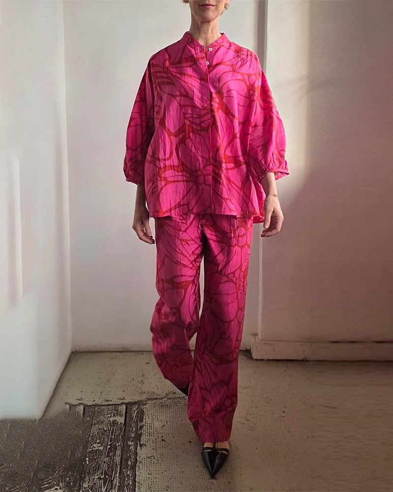 Women's Printed Linen Blend Two-Piece Summer Set – Relaxed Three Quarter Sleeve Blouse and Wide Leg Trousers for Casual Holiday Wear