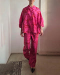 Women's Printed Linen Blend Two-Piece Summer Set – Relaxed Three Quarter Sleeve Blouse and Wide Leg Trousers for Casual Holiday Wear