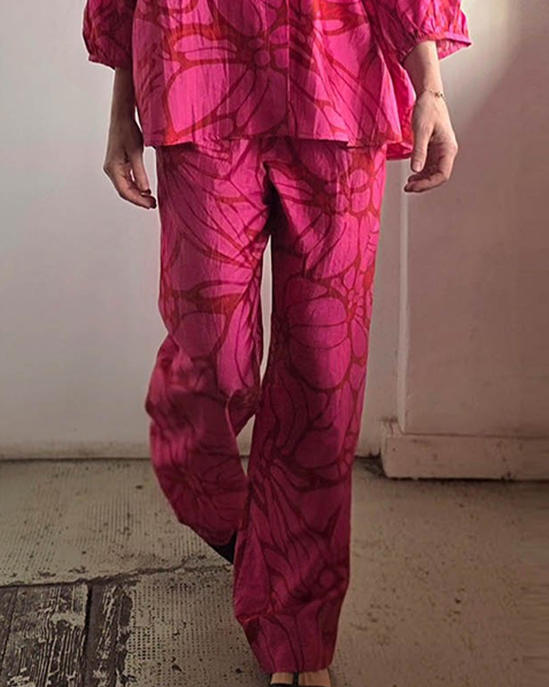 Women's Printed Linen Blend Two-Piece Summer Set – Relaxed Three Quarter Sleeve Blouse and Wide Leg Trousers for Casual Holiday Wear