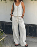 Women's Cotton Two-Piece Summer Set – Sleeveless Zip Front Top and Relaxed Wide Leg Trousers for Casual Everyday Wear