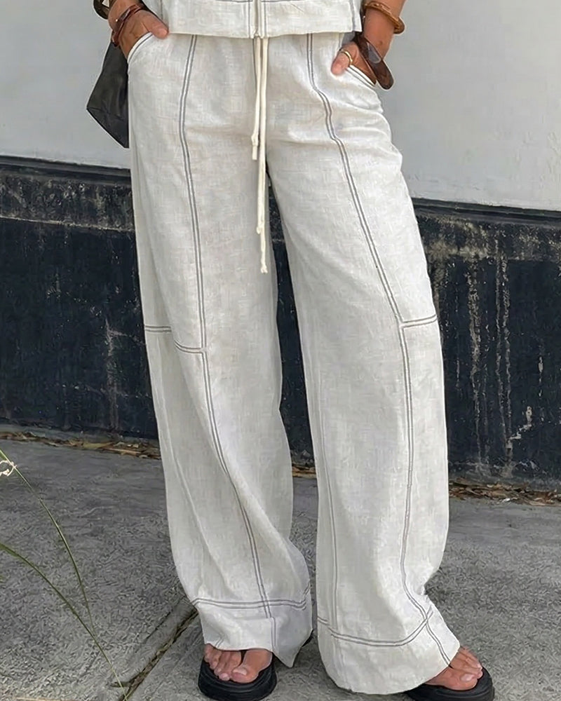Women's Cotton Two-Piece Summer Set – Sleeveless Zip Front Top and Relaxed Wide Leg Trousers for Casual Everyday Wear