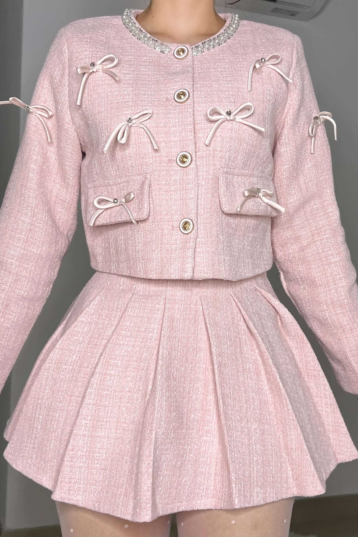 Coordinated French Tweed Braided Bow Skirt Set