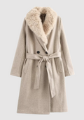 Women’s Belted Wool Blend Winter Coat with Plush Fur Collar and Double-Breasted Buttons – Elegant Longline Outerwear for Cold Weather