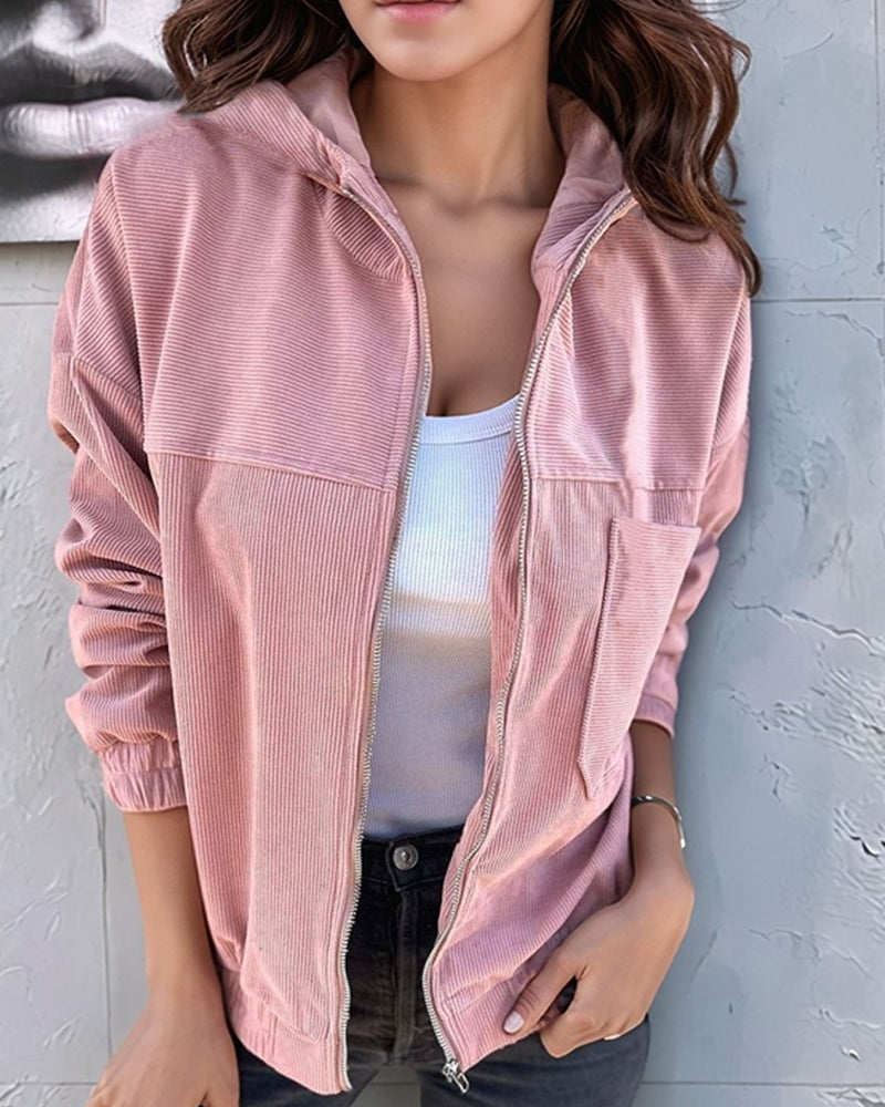 Women’s Hooded Corduroy Zip-Up Jacket with Chest Pocket – Relaxed Textured Casual Outerwear for Spring and Autumn