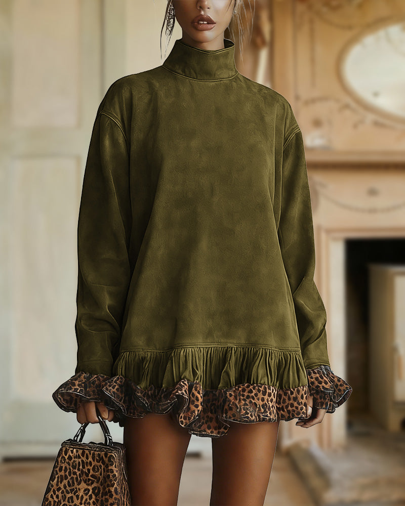 Women's Suede Effect Mini Shift Dress – Relaxed Long Sleeve High Neck Dress with Leopard Print Ruffle Hem and Cuffs for Autumn and Winter Wear