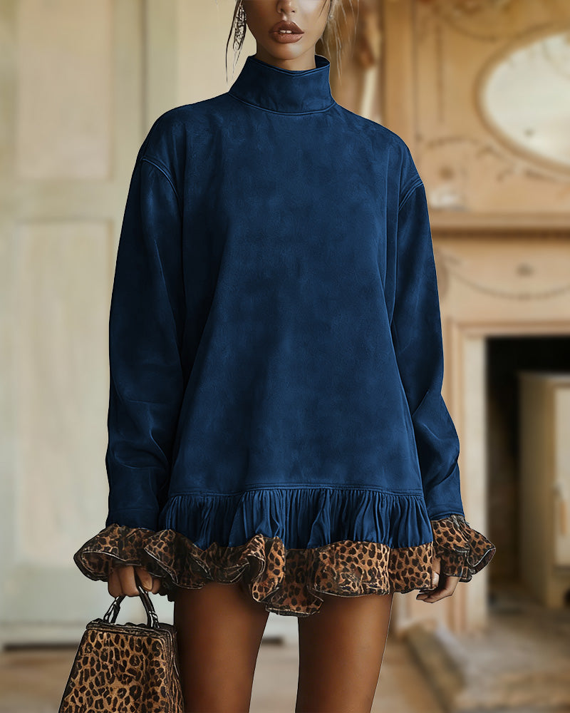 Women's Suede Effect Mini Shift Dress – Relaxed Long Sleeve High Neck Dress with Leopard Print Ruffle Hem and Cuffs for Autumn and Winter Wear
