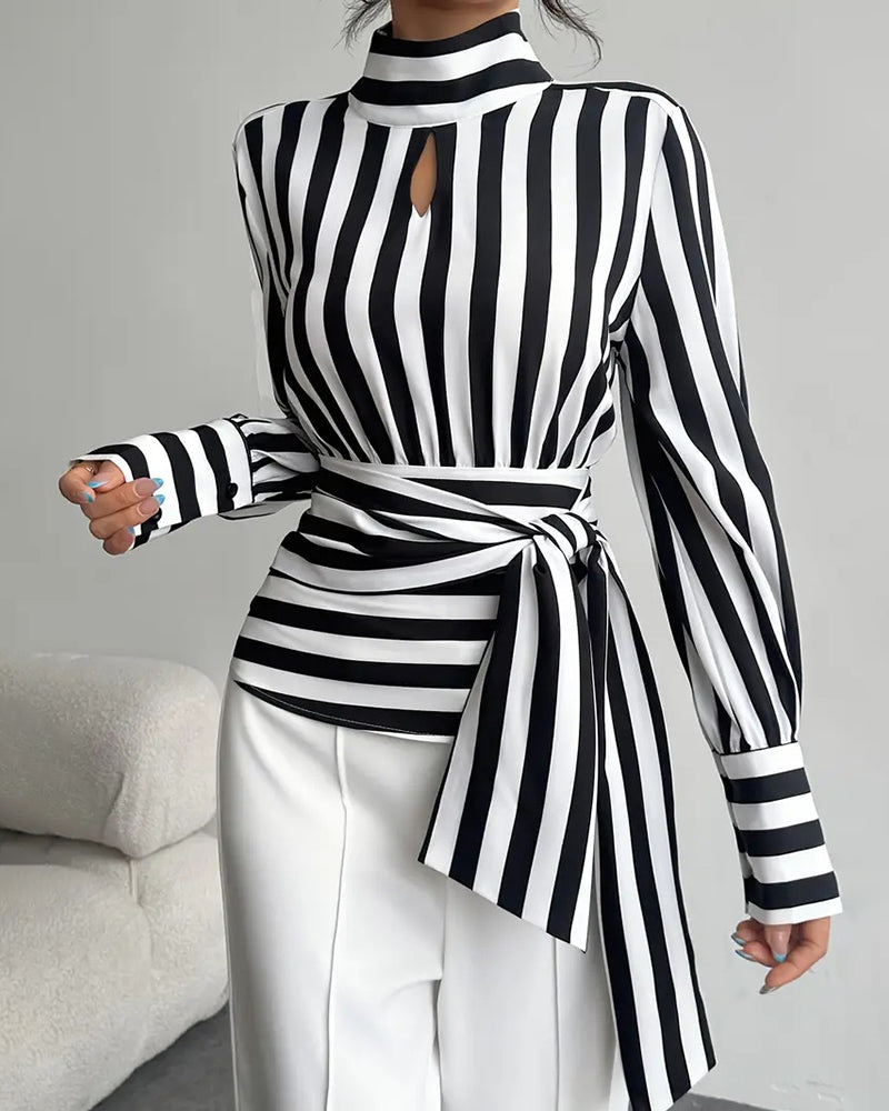 Women's Elegant Printed High Neck Blouse with Keyhole Cutout and Draped Tie Waist – Fitted Long Sleeve Top for Office and Evening Wear