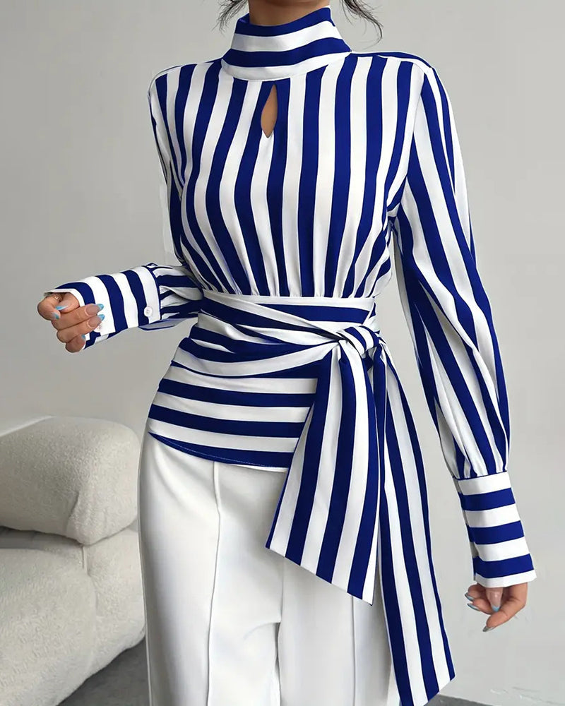 Women's Elegant Printed High Neck Blouse with Keyhole Cutout and Draped Tie Waist – Fitted Long Sleeve Top for Office and Evening Wear