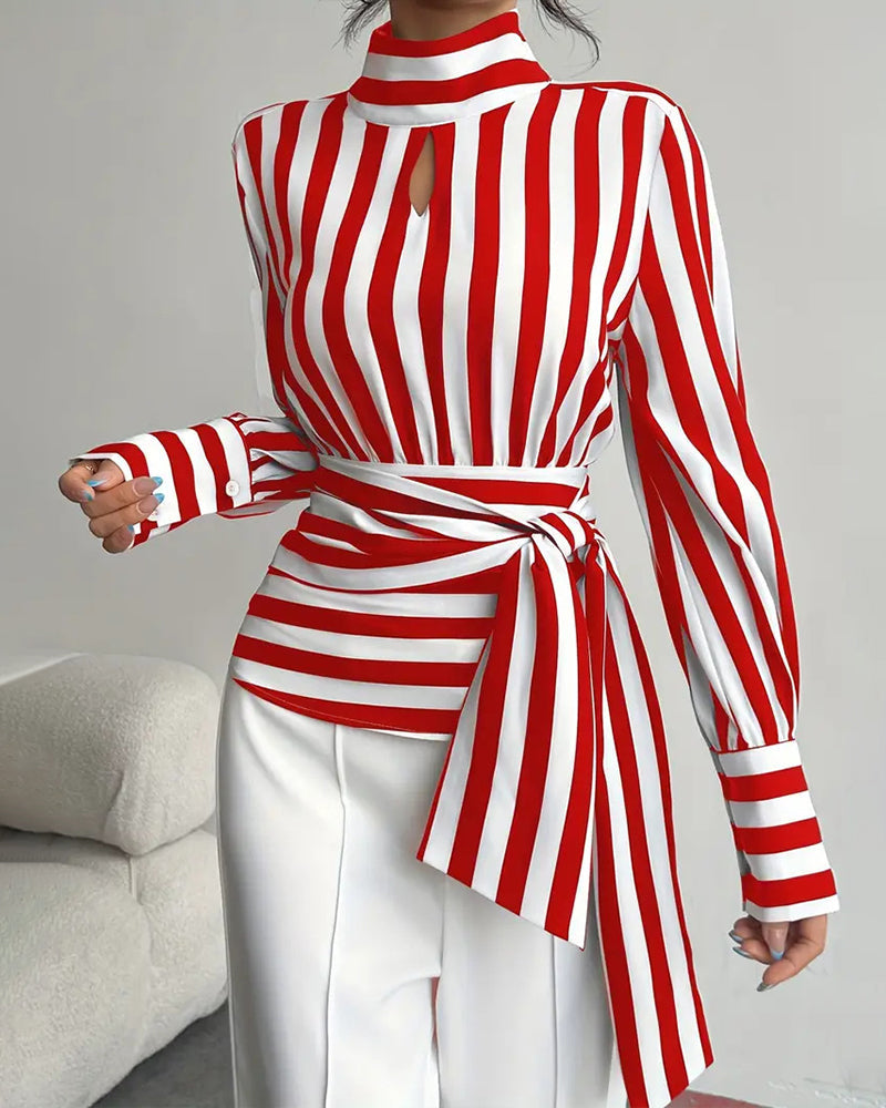 Women's Elegant Printed High Neck Blouse with Keyhole Cutout and Draped Tie Waist – Fitted Long Sleeve Top for Office and Evening Wear