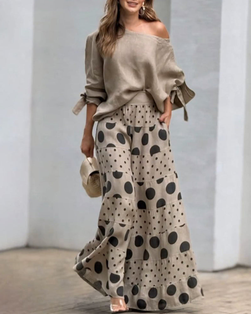 Women’s Draped Off Shoulder Top and Printed Wide Leg Trouser Set – Relaxed Two-Piece Summer Outfit for Holidays and Casual Wear