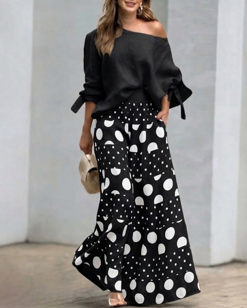 Women’s Draped Off Shoulder Top and Printed Wide Leg Trouser Set – Relaxed Two-Piece Summer Outfit for Holidays and Casual Wear