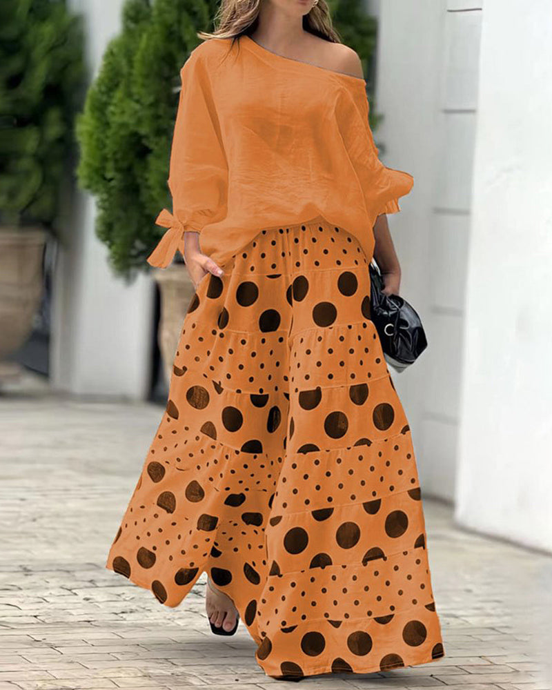 Women’s Draped Off Shoulder Top and Printed Wide Leg Trouser Set – Relaxed Two-Piece Summer Outfit for Holidays and Casual Wear