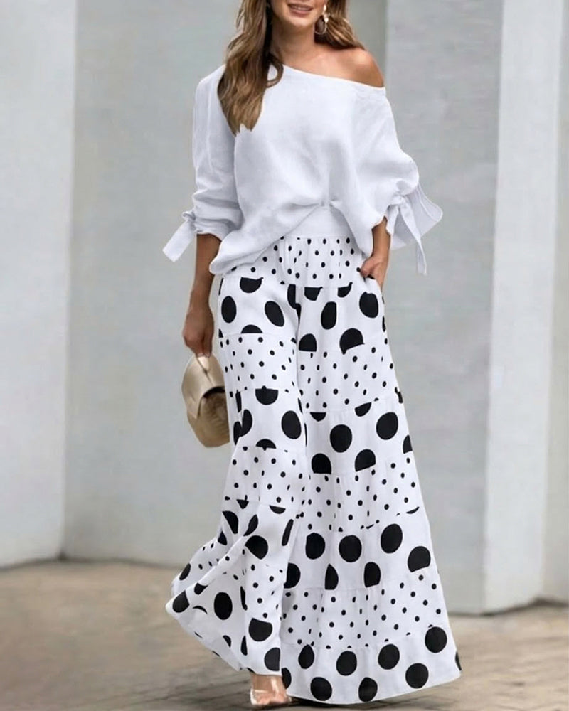 Women’s Draped Off Shoulder Top and Printed Wide Leg Trouser Set – Relaxed Two-Piece Summer Outfit for Holidays and Casual Wear