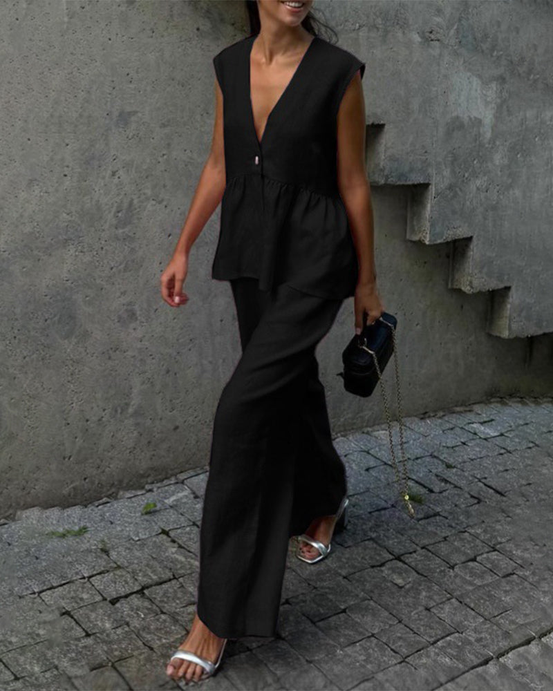 Women’s Sleeveless Peplum V-Neck Top and Wide Leg Trouser Set – Elegant Cotton Blend Two-Piece Summer Outfit for Smart Casual Wear