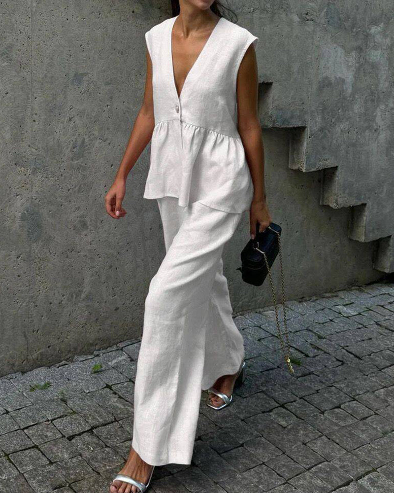 Women’s Sleeveless Peplum V-Neck Top and Wide Leg Trouser Set – Elegant Cotton Blend Two-Piece Summer Outfit for Smart Casual Wear