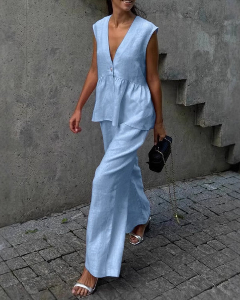 Women’s Sleeveless Peplum V-Neck Top and Wide Leg Trouser Set – Elegant Cotton Blend Two-Piece Summer Outfit for Smart Casual Wear