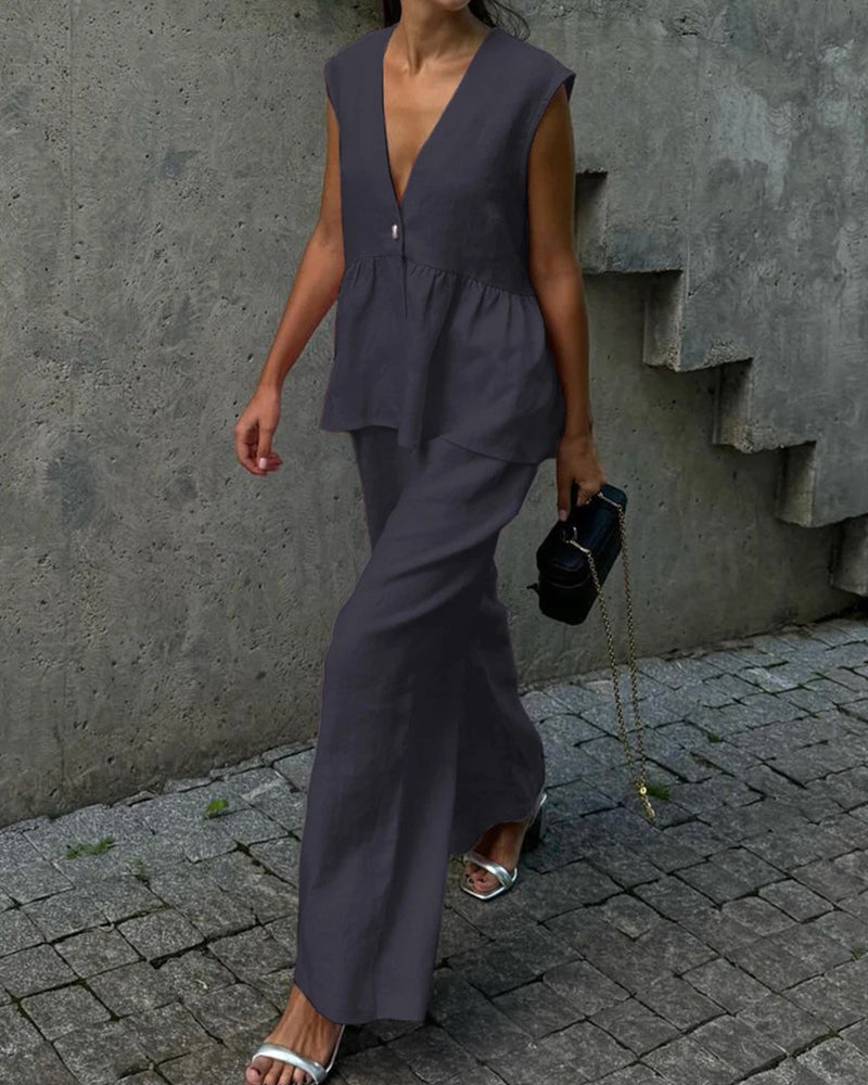 Women’s Sleeveless Peplum V-Neck Top and Wide Leg Trouser Set – Elegant Cotton Blend Two-Piece Summer Outfit for Smart Casual Wear