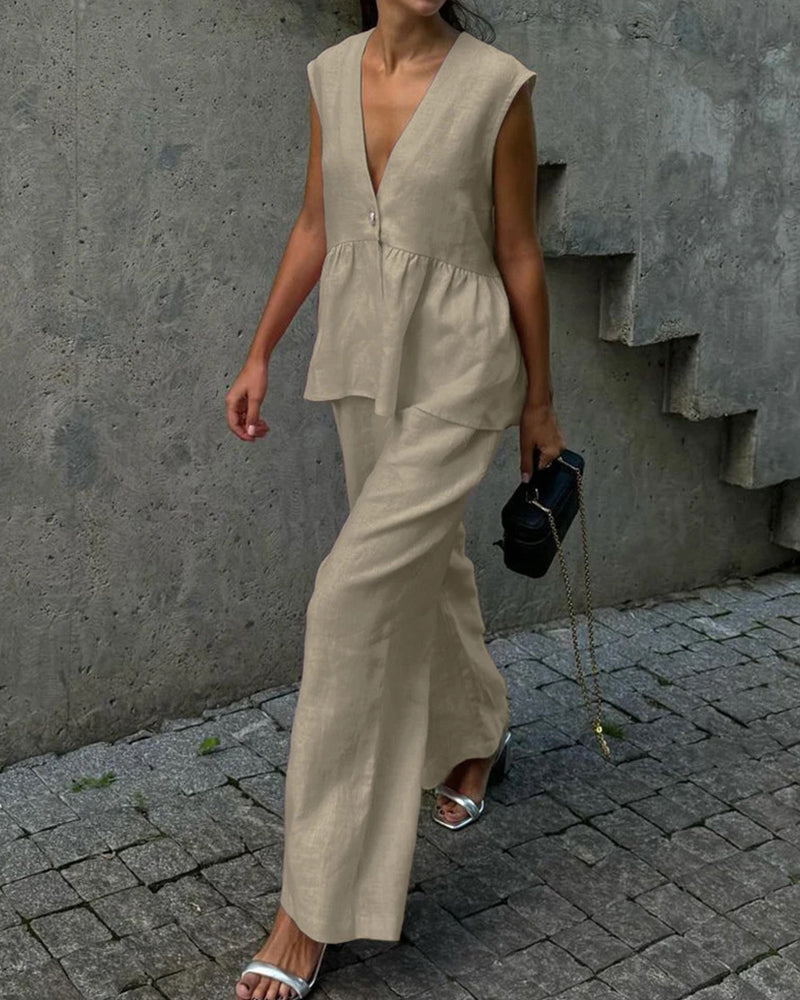 Women’s Sleeveless Peplum V-Neck Top and Wide Leg Trouser Set – Elegant Cotton Blend Two-Piece Summer Outfit for Smart Casual Wear