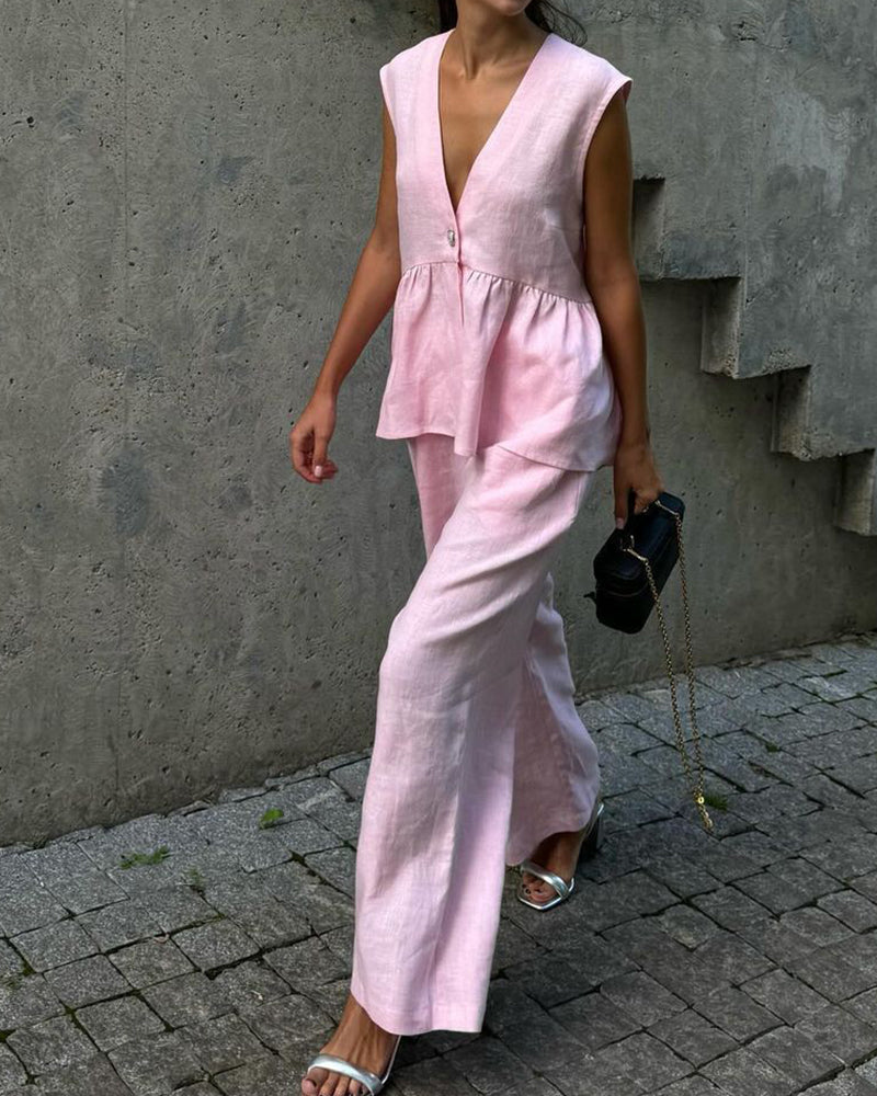 Women’s Sleeveless Peplum V-Neck Top and Wide Leg Trouser Set – Elegant Cotton Blend Two-Piece Summer Outfit for Smart Casual Wear