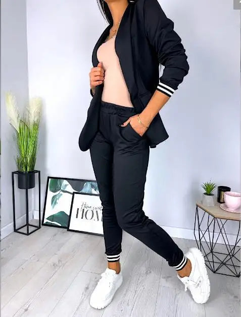 Women's Smart Casual Two-Piece Blazer and Jogger Trousers Set with Contrast Trim – Elegant Fitted Open Front Jacket and High-Waisted Drawstring Trousers for Comfortable Office Wear and Modern Everyday Styling