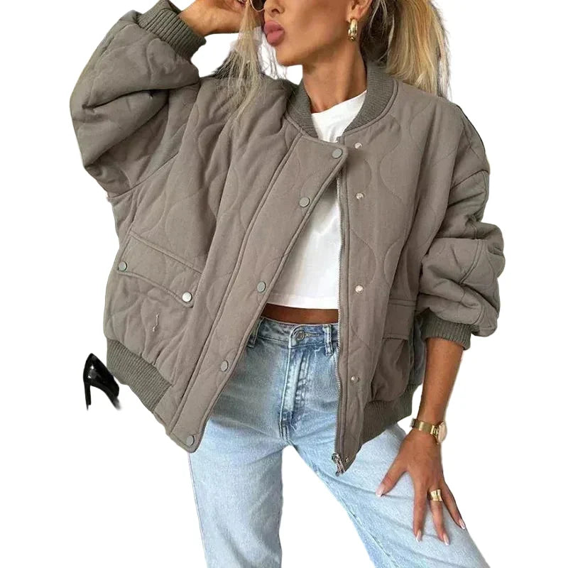 Women's Quilted Bomber Jacket with Ribbed Collar and Elasticated Cuffs – Relaxed Fit Short Padded Autumn Jacket for Casual Everyday Streetwear and Comfortable Seasonal Layering