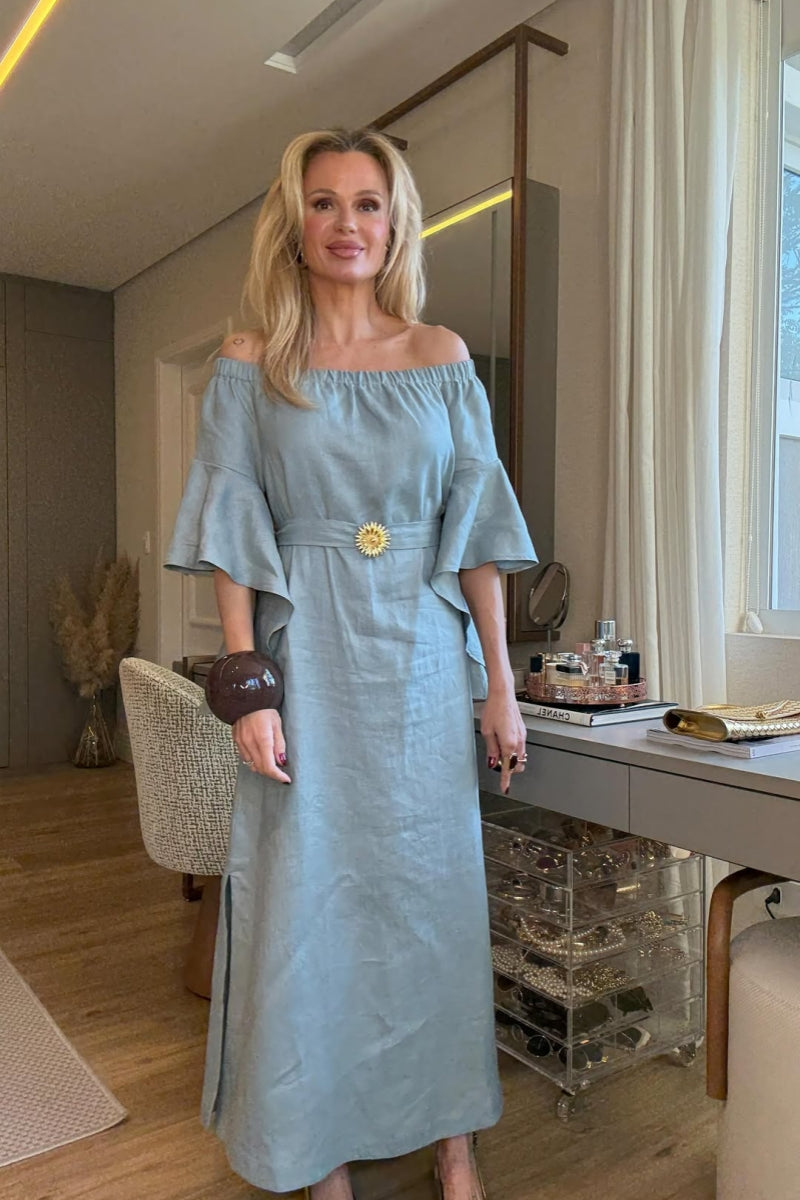 Soft Blue Off-Shoulder Maxi-Length Dress with Ruffled Sleeves