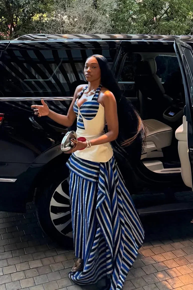 Modern Asymmetric Striped High-Low Maxi Skirt