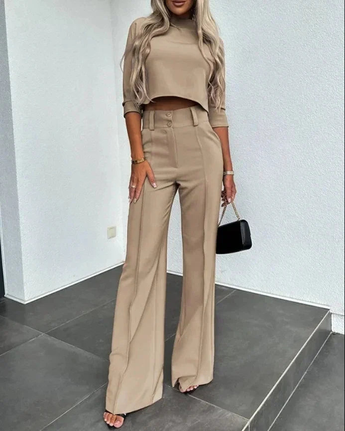 Women’s Elegant Cropped Three Quarter Sleeve Top and High Waisted Wide Leg Trouser Set – Modern Two-Piece Smart Casual Outfit