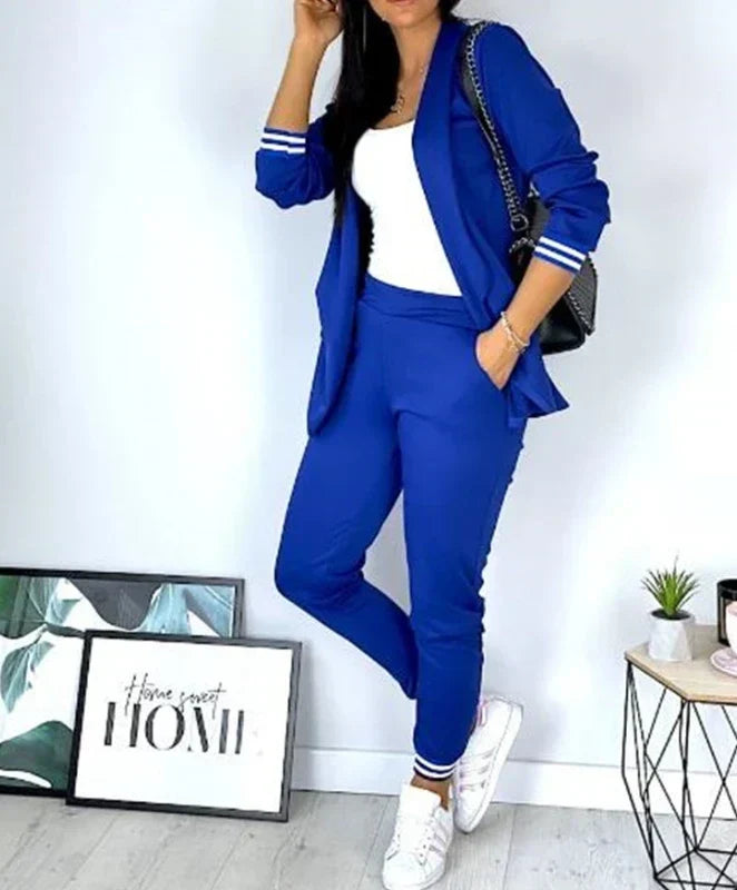 Women's Smart Casual Two-Piece Blazer and Jogger Trousers Set with Contrast Trim – Elegant Fitted Open Front Jacket and High-Waisted Drawstring Trousers for Comfortable Office Wear and Modern Everyday Styling
