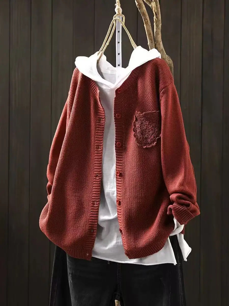 Women's Relaxed Button Front Knitted Cardigan with Decorative Ruffle Pocket – Soft Long Sleeve Round Neck Cardigan for Autumn and Winter Layering