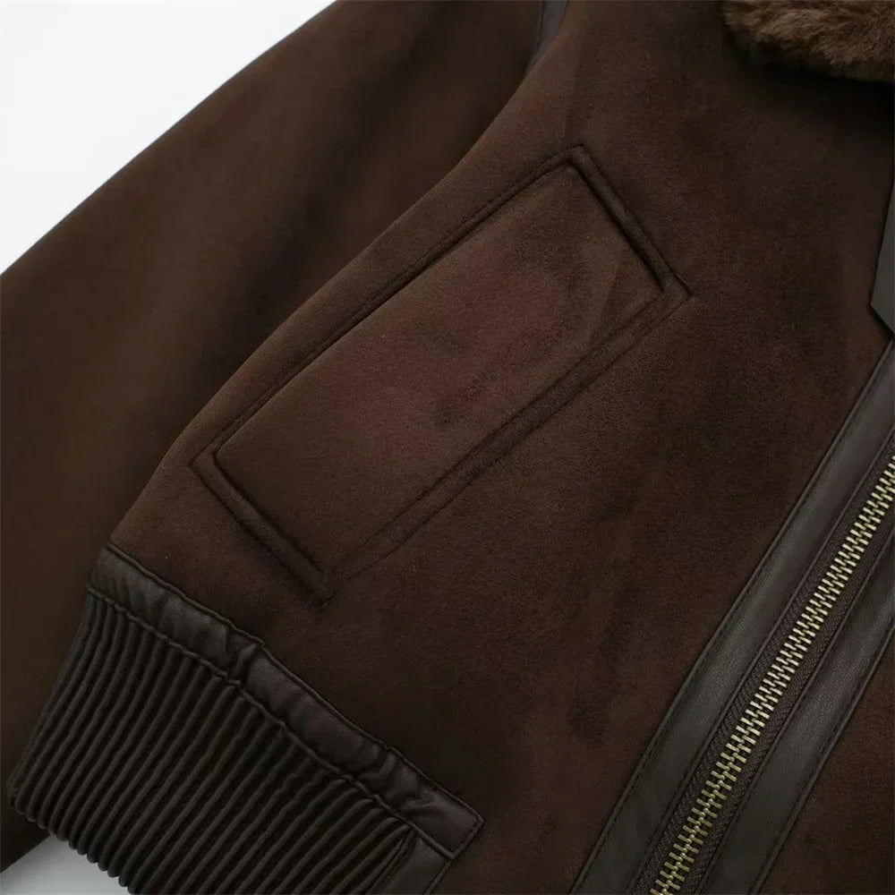 Women’s Cropped Suede-Look Bomber Jacket with Plush Shearling Collar and Ribbed Cuffs – Warm Vintage Inspired Winter Outerwear