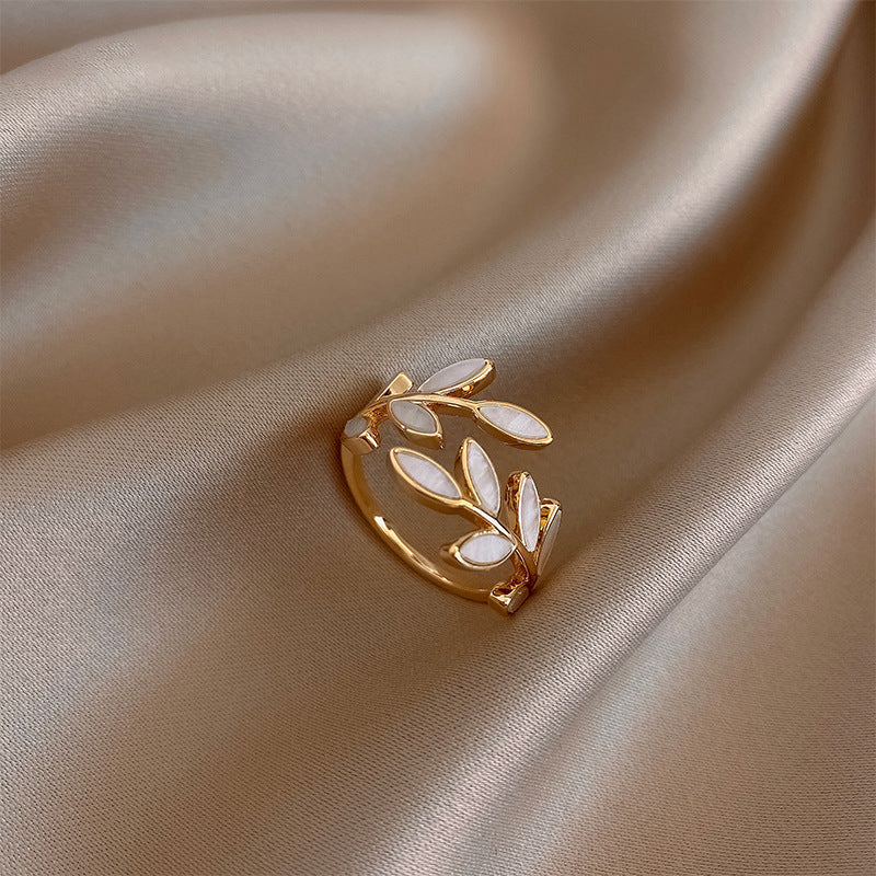 Adjustable Gold Leaf Ring with White Opal