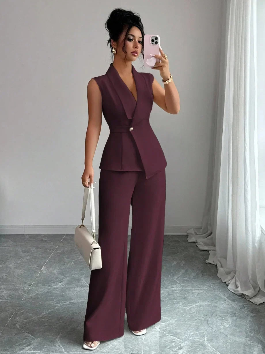 Women's Two Piece Sleeveless Wide Leg Pants Set