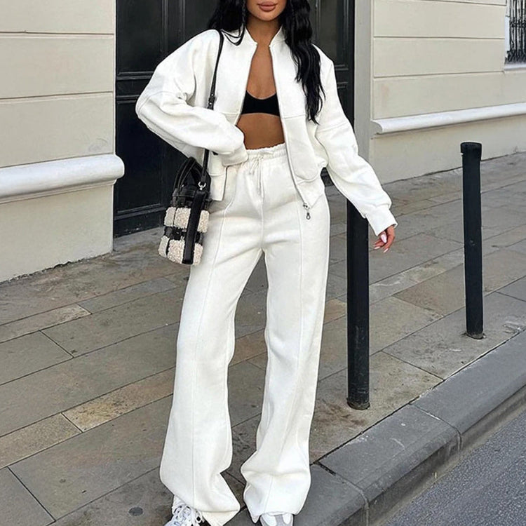 Women's Two-Piece Tracksuit Set with Cropped Zip-Up Bomber Jacket and High-Waisted Wide Leg Joggers – Relaxed Fit Warm Casual Sportswear for Everyday Streetwear and Autumn Winter Lounge Outfits