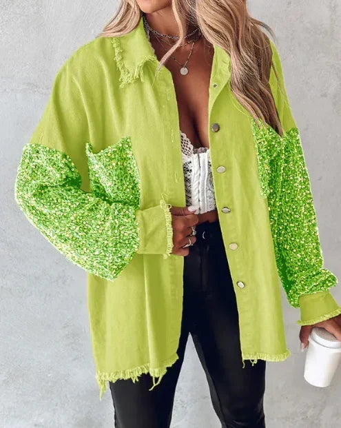 Women’s Sequin Overshirt Jacket with Frayed Edges – Relaxed Button-Front Style for Casual and Evening Outfits
