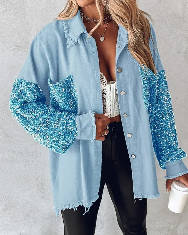Women’s Sequin Overshirt Jacket with Frayed Edges – Relaxed Button-Front Style for Casual and Evening Outfits