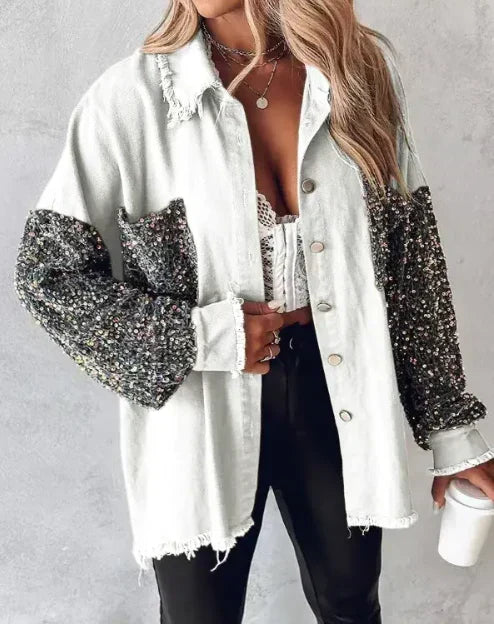 Women’s Sequin Overshirt Jacket with Frayed Edges – Relaxed Button-Front Style for Casual and Evening Outfits