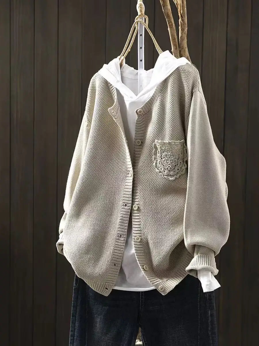 Women's Relaxed Button Front Knitted Cardigan with Decorative Ruffle Pocket – Soft Long Sleeve Round Neck Cardigan for Autumn and Winter Layering