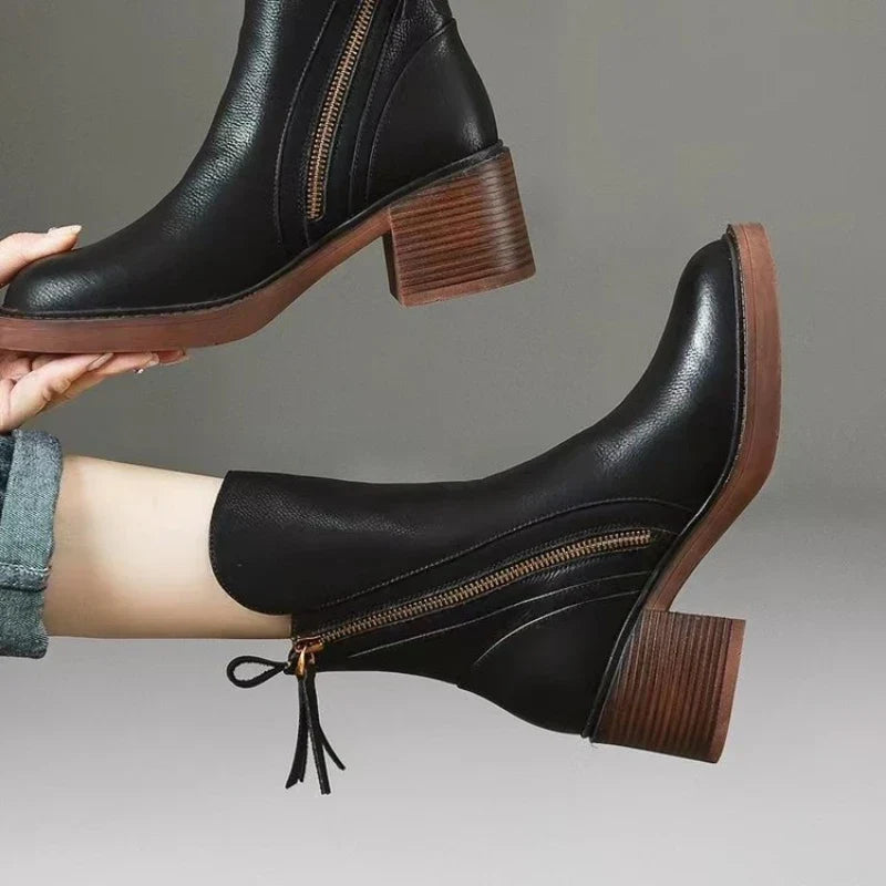 Women's Mid-Calf Zip Detail Block Heel Boots