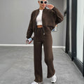 Women's Two-Piece Tracksuit Set with Cropped Zip-Up Bomber Jacket and High-Waisted Wide Leg Joggers – Relaxed Fit Warm Casual Sportswear for Everyday Streetwear and Autumn Winter Lounge Outfits