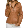 Women’s Hooded Leather-Look Jacket with Zip Details – Fitted Silhouette for Everyday and Mid-Season Styling